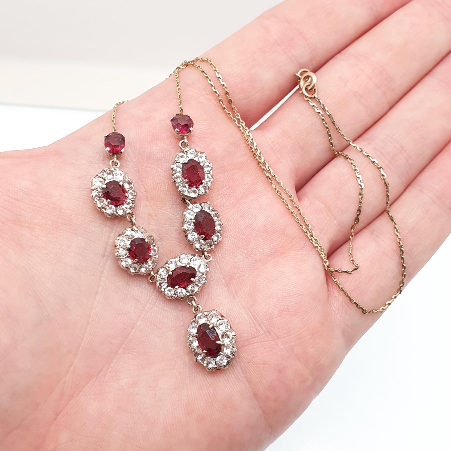 Antique Victorian Solid Silver Garnet & White Sapphire Necklace Low Carat Gold Rear and Chain Old Cut Mid 1800s Vintage Jewellery Jewelry