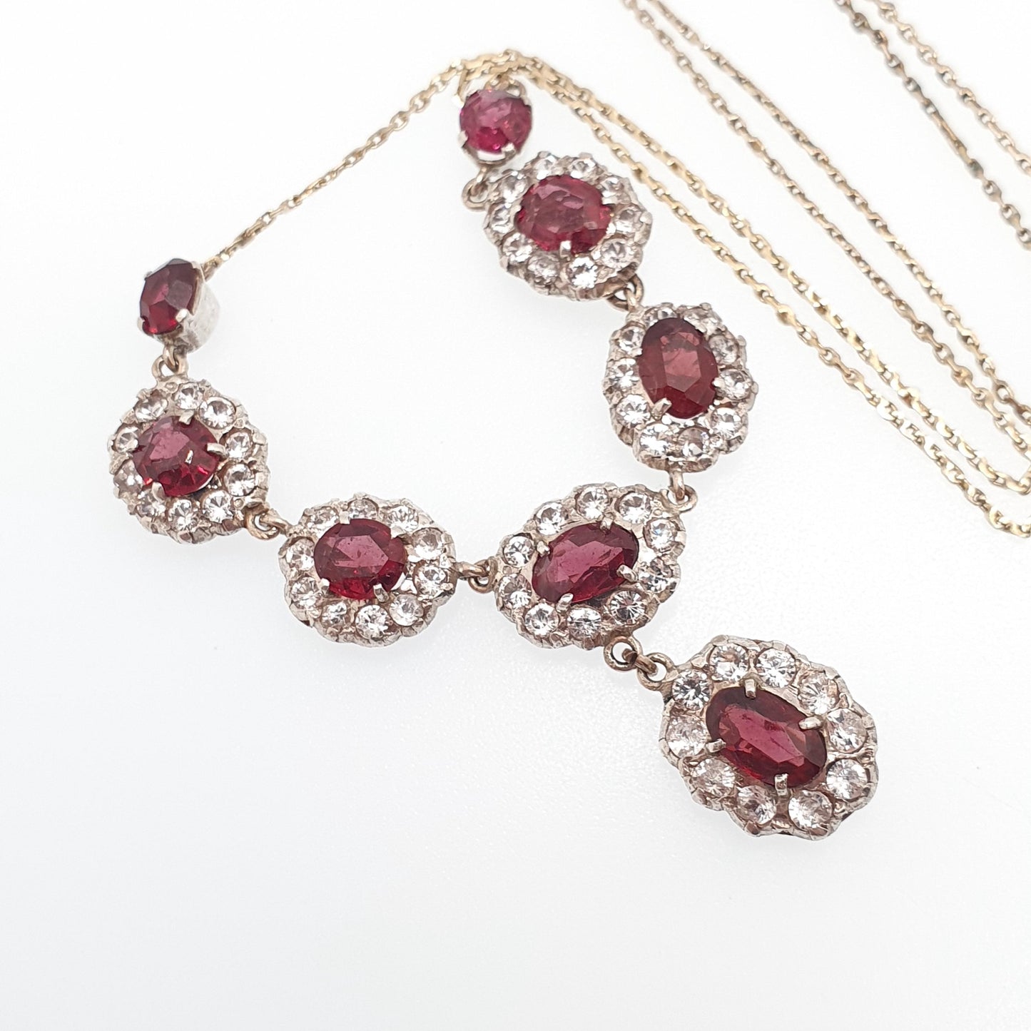 Antique Victorian Solid Silver Garnet & White Sapphire Necklace Low Carat Gold Rear and Chain Old Cut Mid 1800s Vintage Jewellery Jewelry