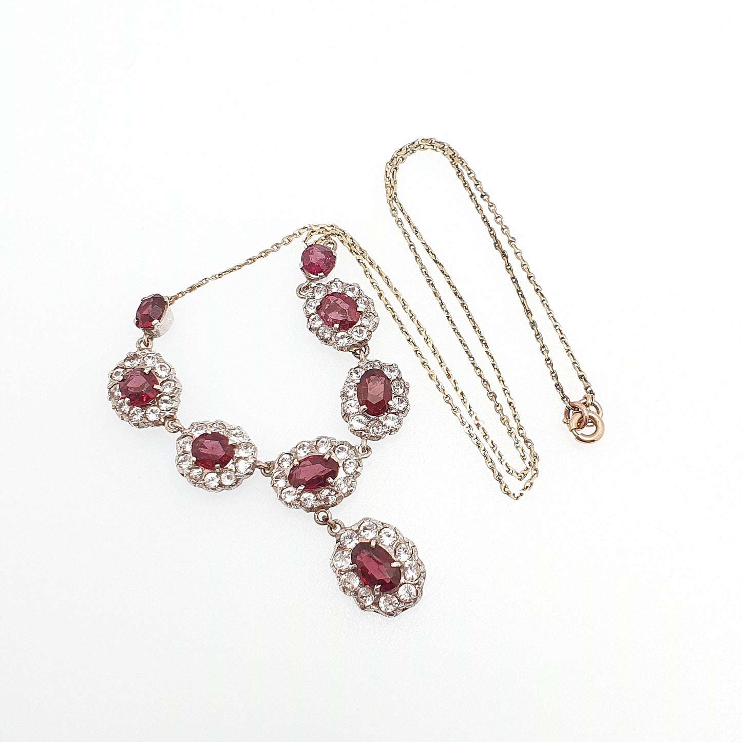 Antique Victorian Solid Silver Garnet & White Sapphire Necklace Low Carat Gold Rear and Chain Old Cut Mid 1800s Vintage Jewellery Jewelry