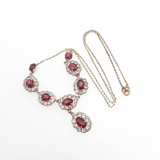 Antique Victorian Solid Silver Garnet & White Sapphire Necklace Low Carat Gold Rear and Chain Old Cut Mid 1800s Vintage Jewellery Jewelry