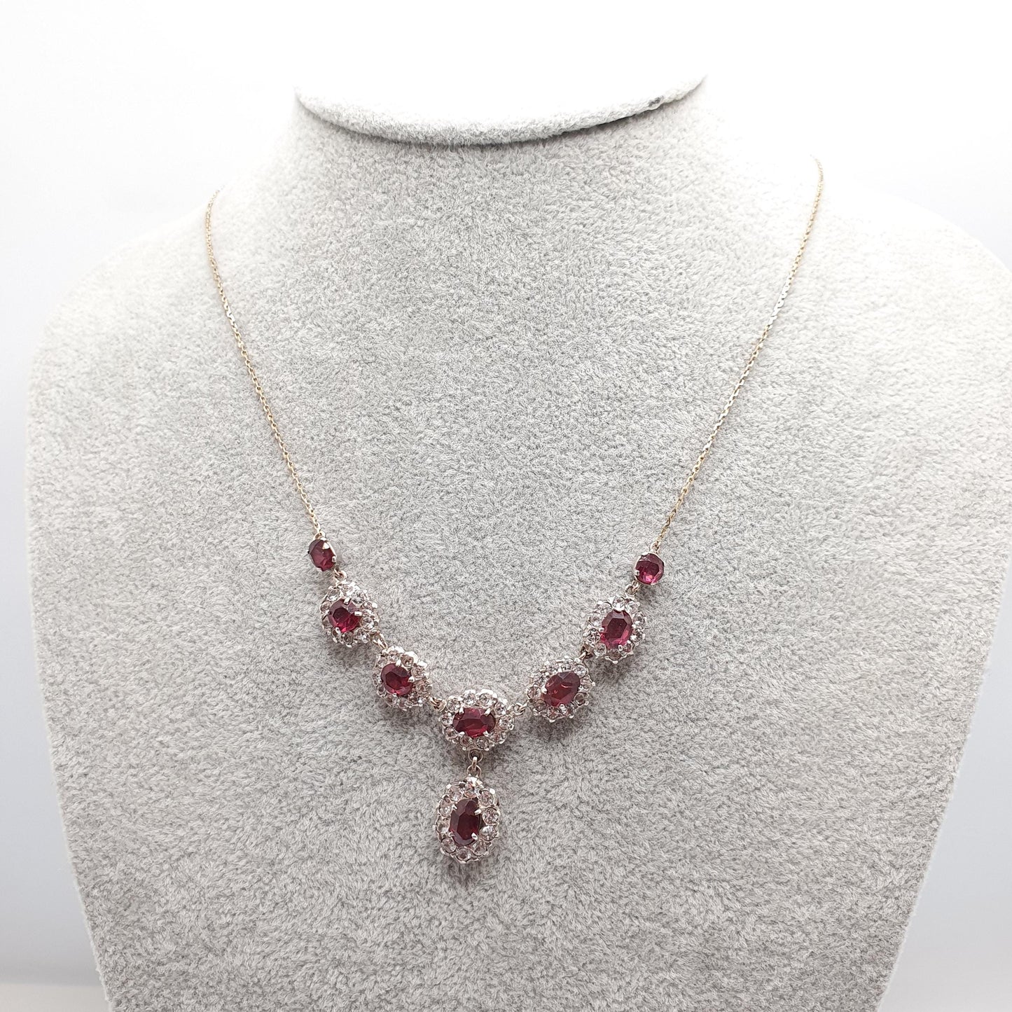 Antique Victorian Solid Silver Garnet & White Sapphire Necklace Low Carat Gold Rear and Chain Old Cut Mid 1800s Vintage Jewellery Jewelry