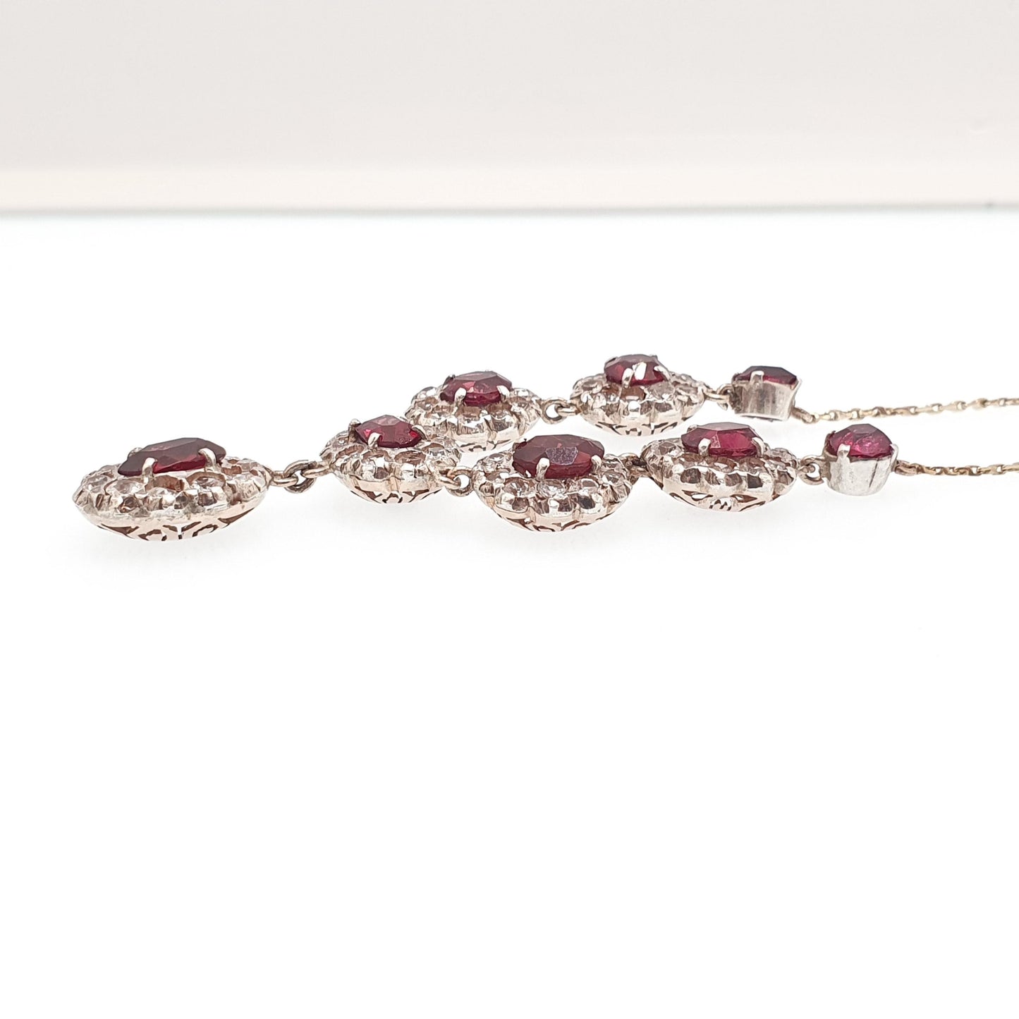 Antique Victorian Solid Silver Garnet & White Sapphire Necklace Low Carat Gold Rear and Chain Old Cut Mid 1800s Vintage Jewellery Jewelry