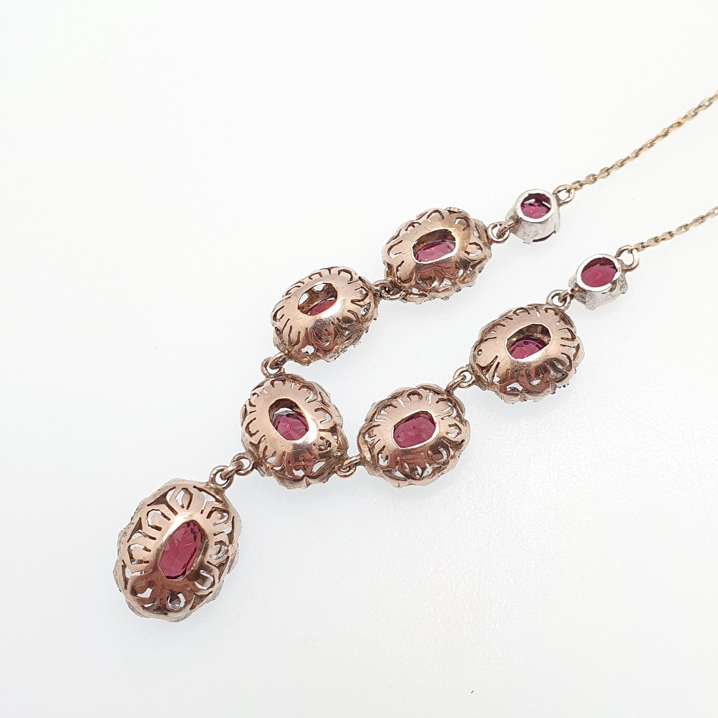 Antique Victorian Solid Silver Garnet & White Sapphire Necklace Low Carat Gold Rear and Chain Old Cut Mid 1800s Vintage Jewellery Jewelry