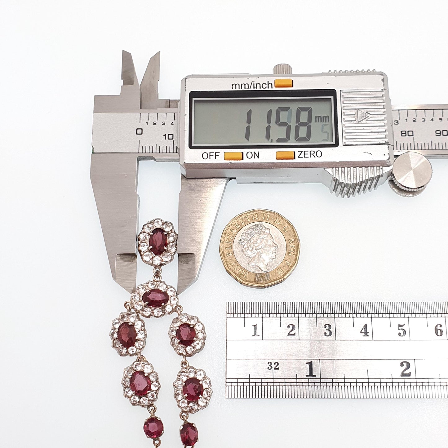 Antique Victorian Solid Silver Garnet & White Sapphire Necklace Low Carat Gold Rear and Chain Old Cut Mid 1800s Vintage Jewellery Jewelry