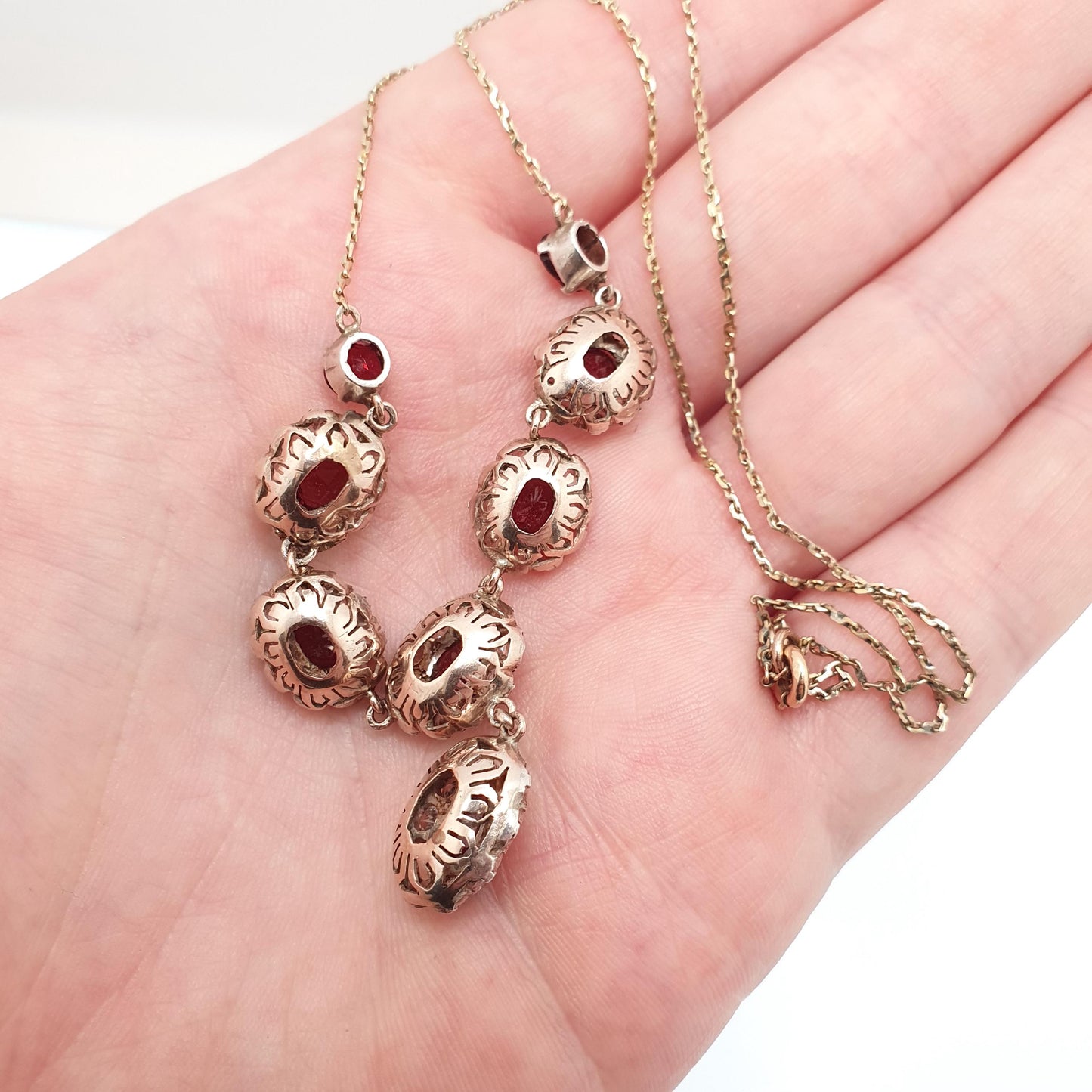 Antique Victorian Solid Silver Garnet & White Sapphire Necklace Low Carat Gold Rear and Chain Old Cut Mid 1800s Vintage Jewellery Jewelry