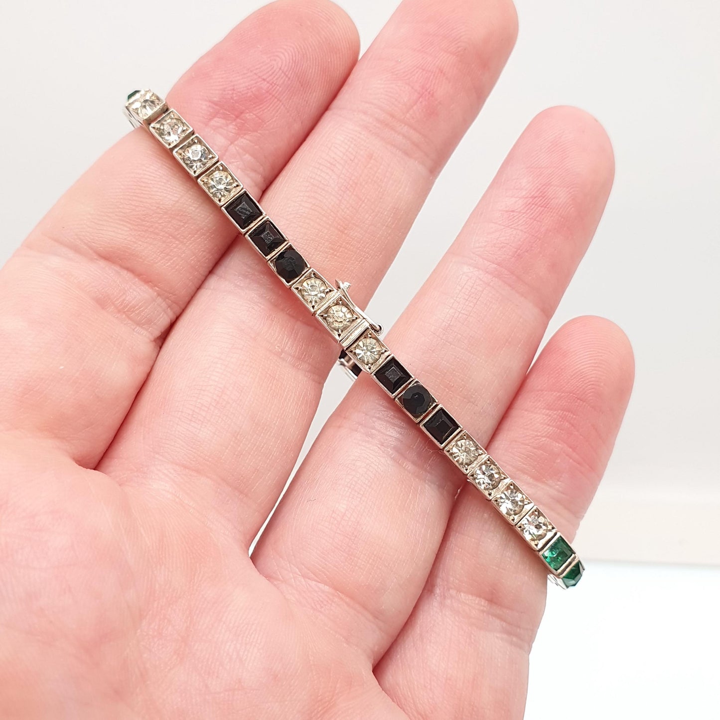 Antique Solid Silver Emerald Paste Tennis Bracelet Channel Set Diamond Onyx Pastes Art Deco Square Cut Vintage Womens Jewelry Jewellery