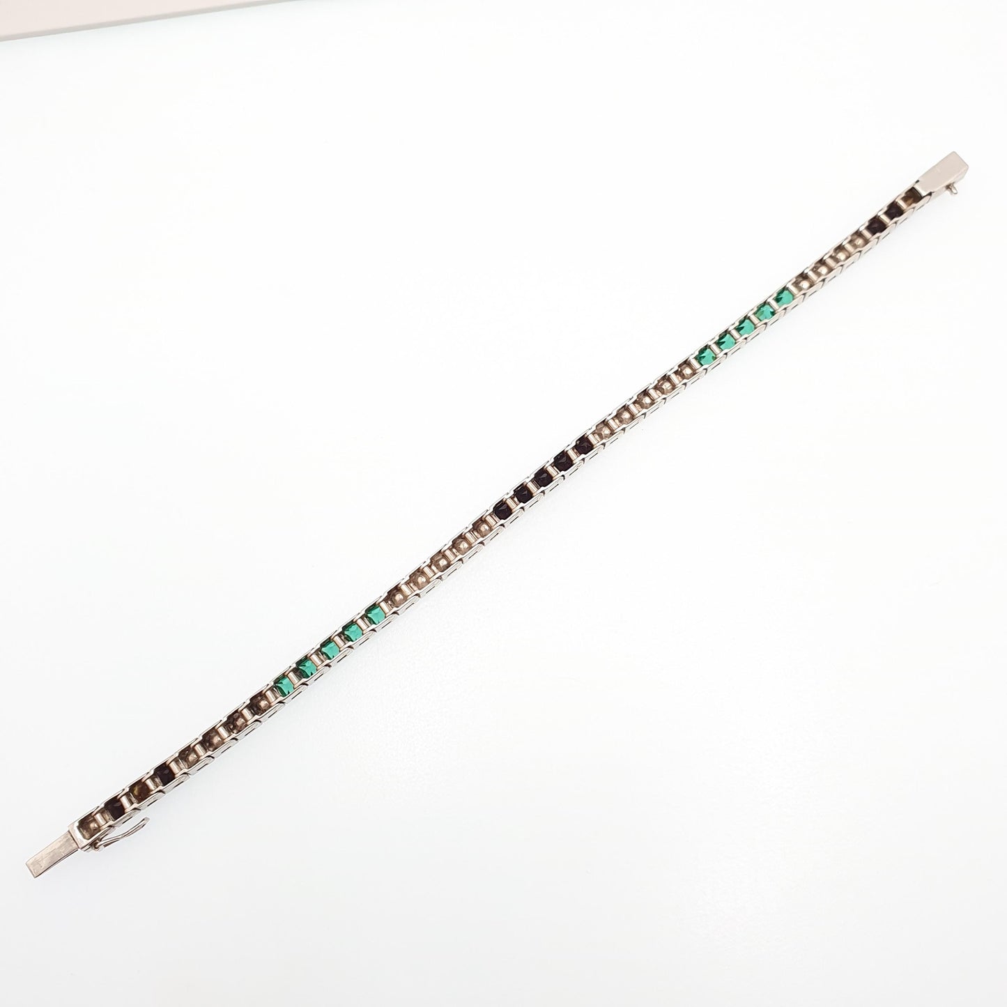 Antique Solid Silver Emerald Paste Tennis Bracelet Channel Set Diamond Onyx Pastes Art Deco Square Cut Vintage Womens Jewelry Jewellery