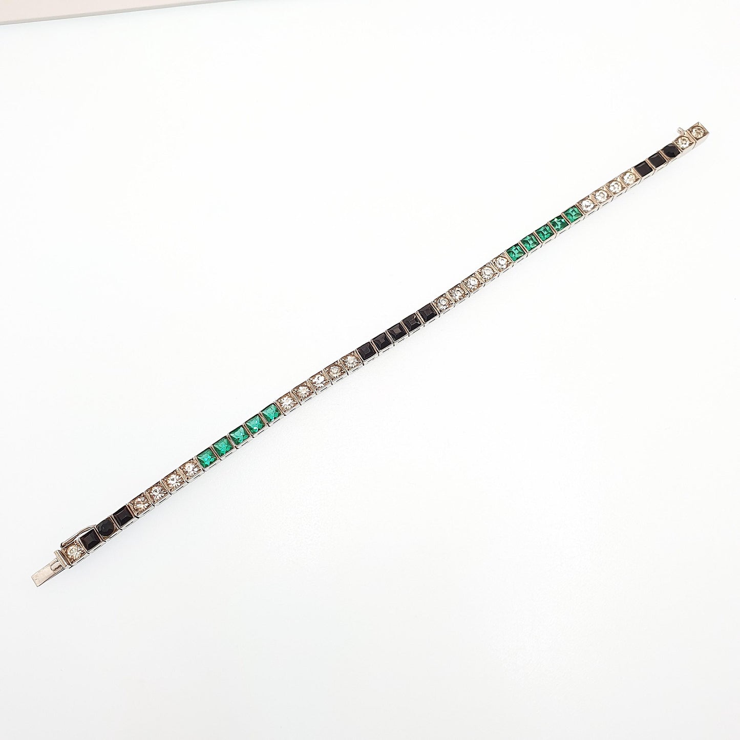 Antique Solid Silver Emerald Paste Tennis Bracelet Channel Set Diamond Onyx Pastes Art Deco Square Cut Vintage Womens Jewelry Jewellery