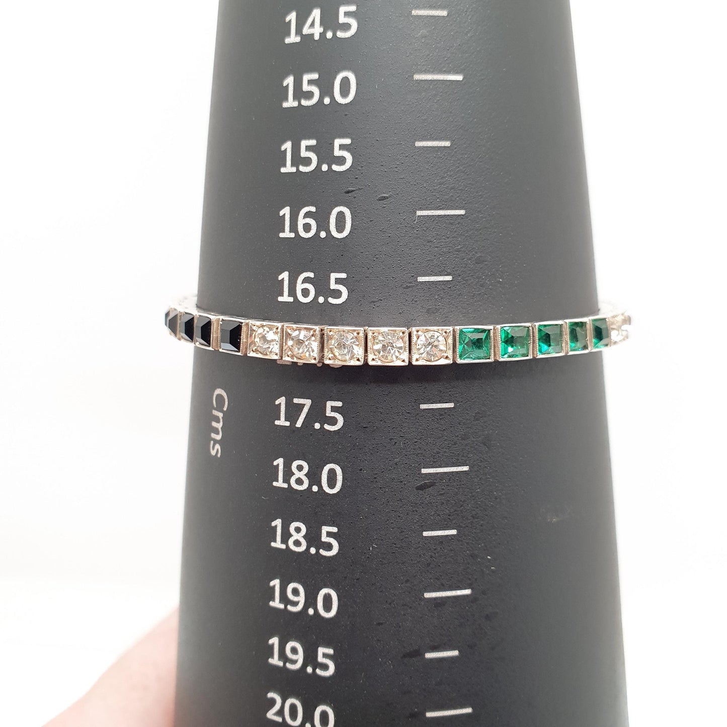 Antique Solid Silver Emerald Paste Tennis Bracelet Channel Set Diamond Onyx Pastes Art Deco Square Cut Vintage Womens Jewelry Jewellery