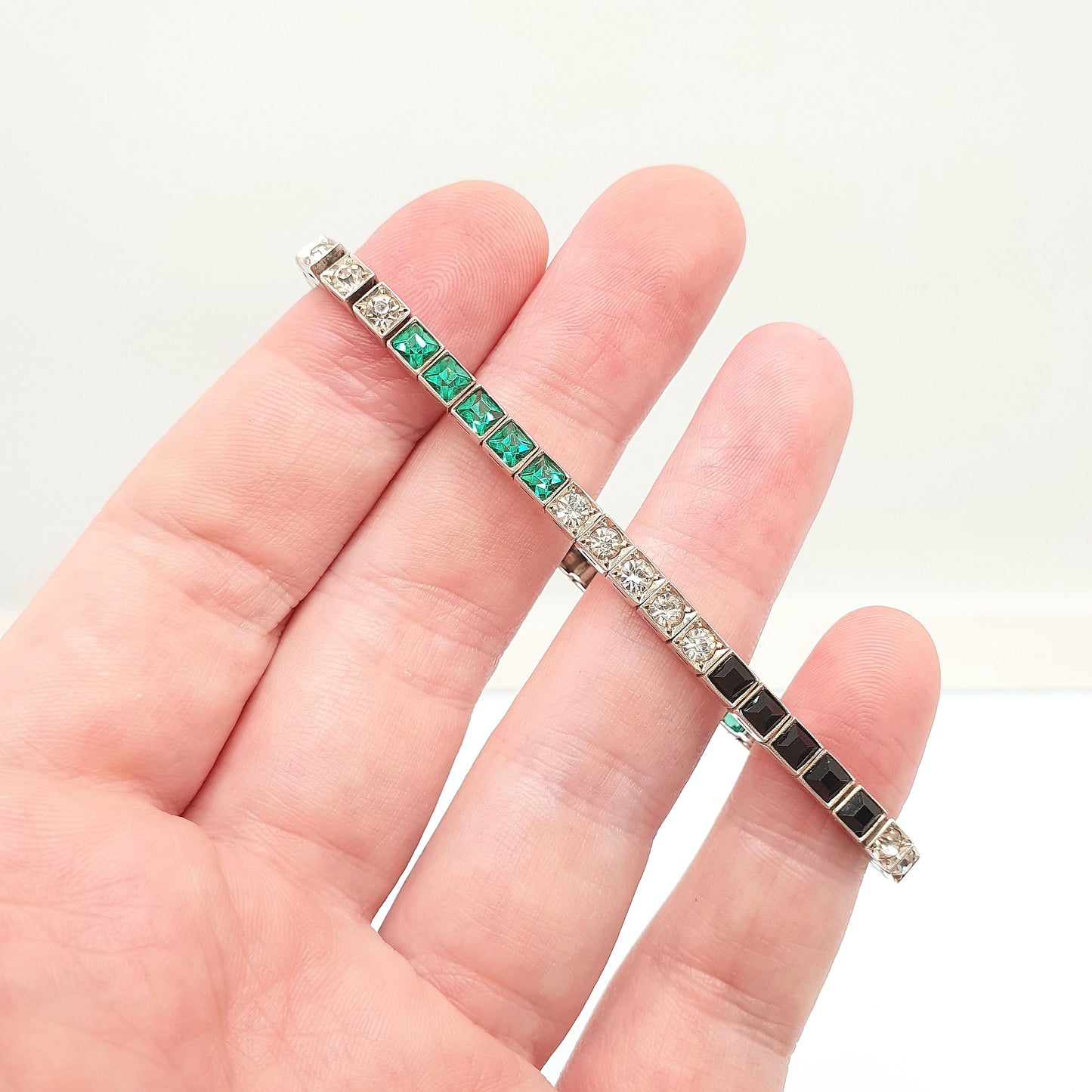 Antique Solid Silver Emerald Paste Tennis Bracelet Channel Set Diamond Onyx Pastes Art Deco Square Cut Vintage Womens Jewelry Jewellery