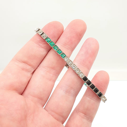 Antique Solid Silver Emerald Paste Tennis Bracelet Channel Set Diamond Onyx Pastes Art Deco Square Cut Vintage Womens Jewelry Jewellery