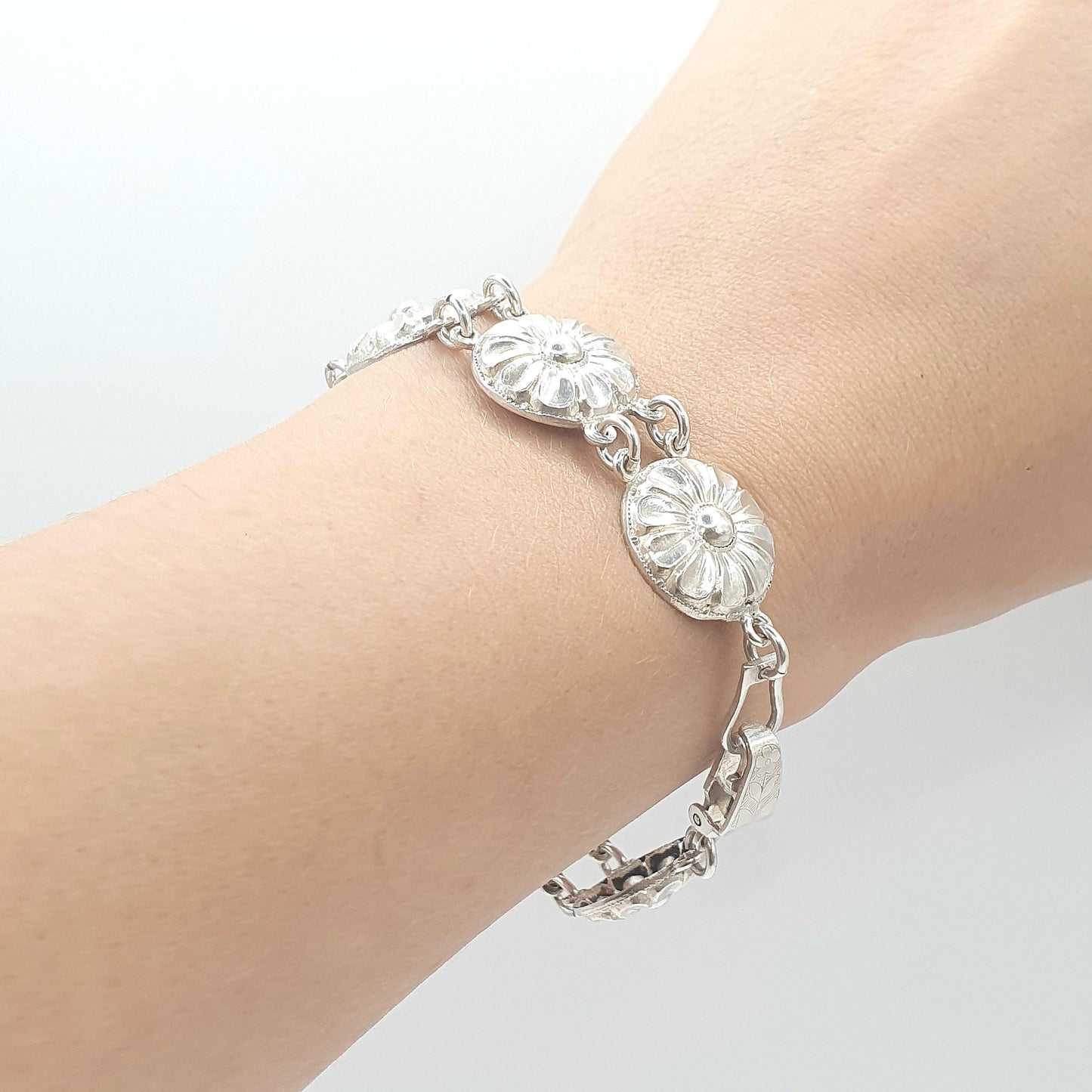Antique Sterling Silver Flower Link Bracelet Art Deco Floral Vintage 1920s Womens Jewelry Jewellery 18.5cm 17.40g