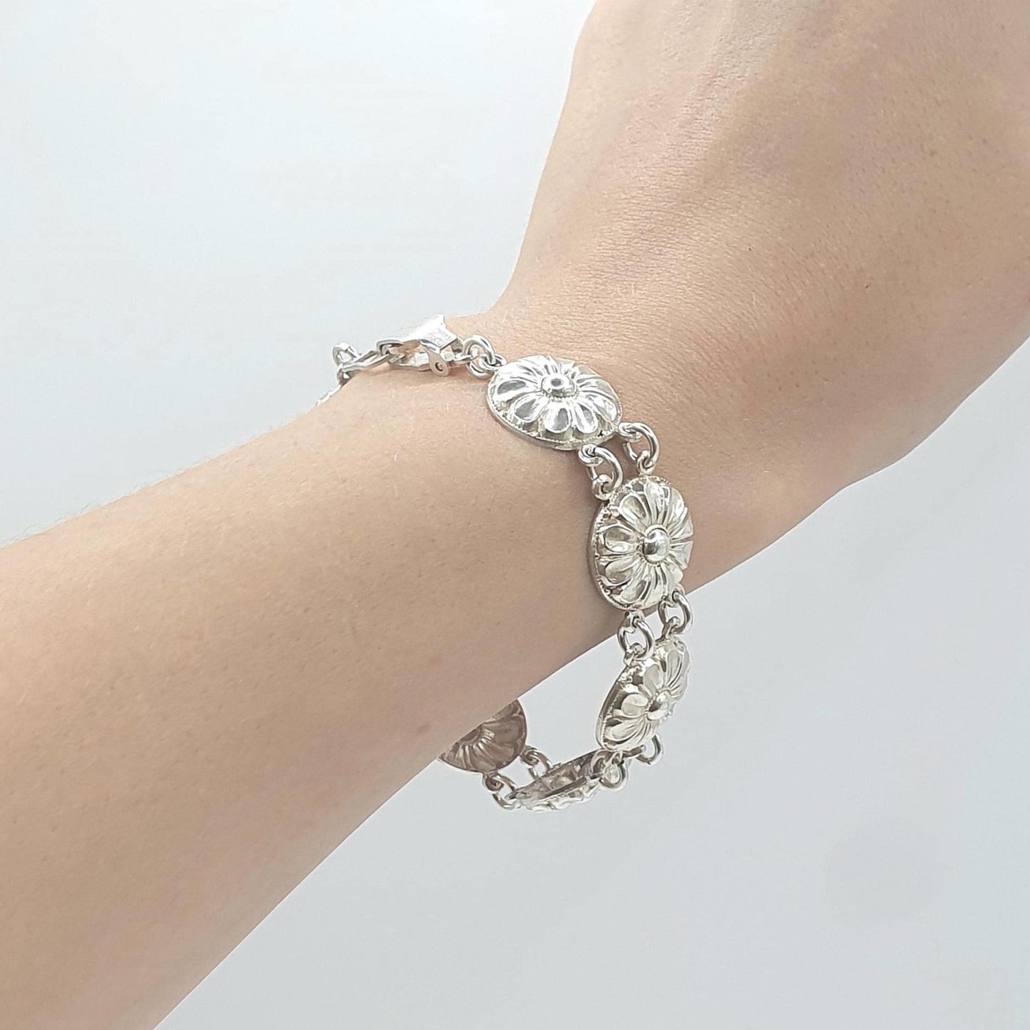 Antique Sterling Silver Flower Link Bracelet Art Deco Floral Vintage 1920s Womens Jewelry Jewellery 18.5cm 17.40g