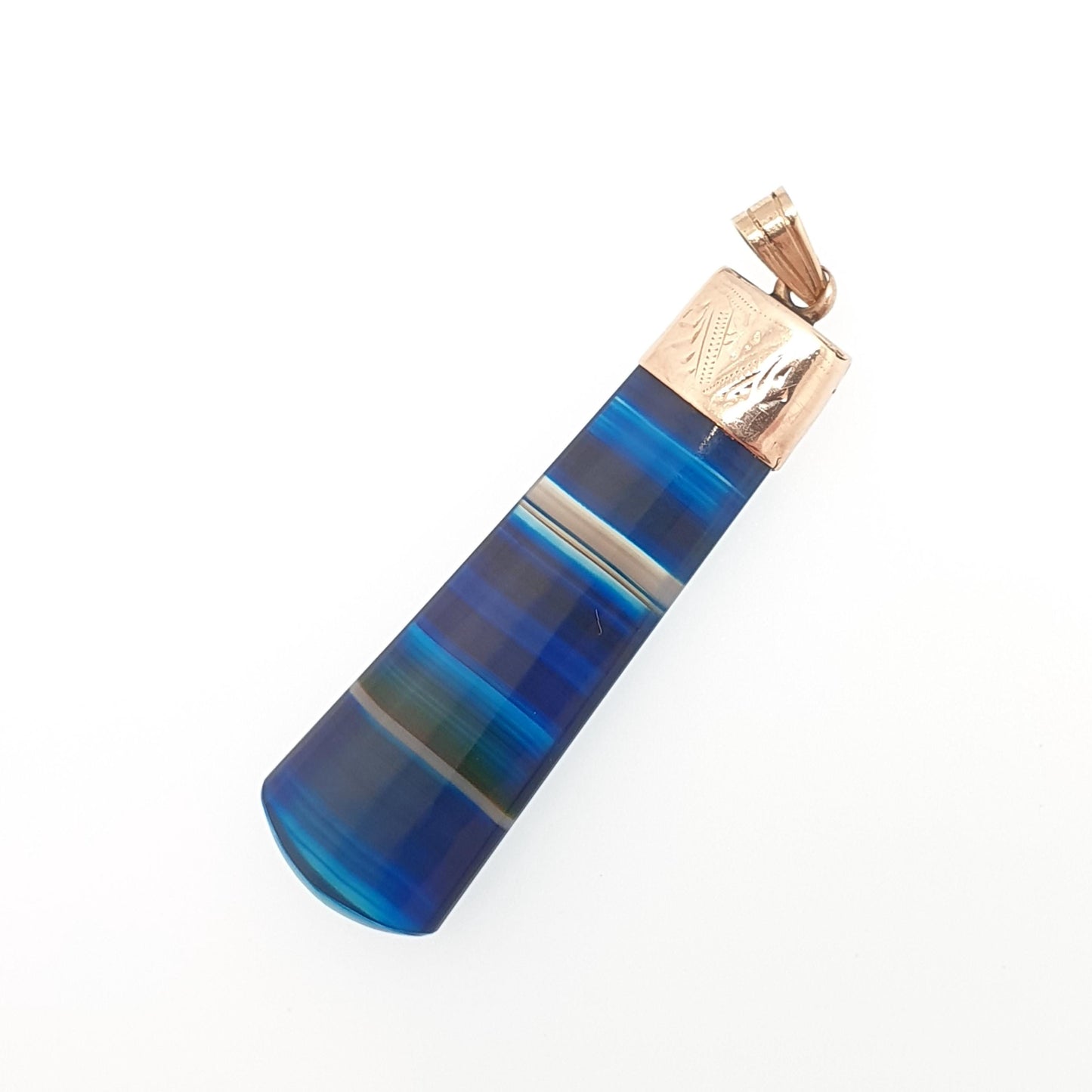 Antique 9ct Gold Blue Agate Necklace Pendant Victorian Rare Gemstone Solid 9k 9kt Striped Banded Women Jewelry Jewellery