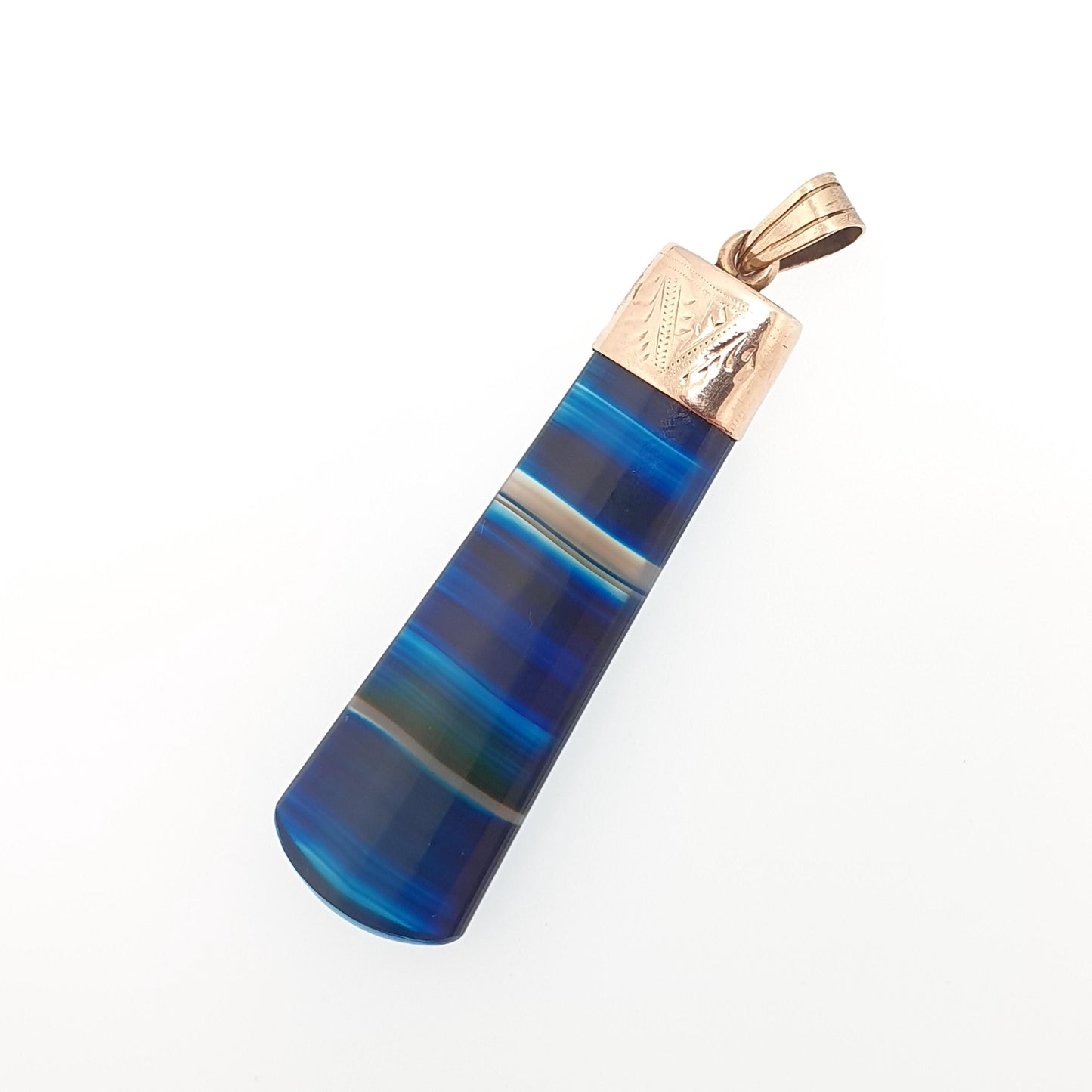 Antique 9ct Gold Blue Agate Necklace Pendant Victorian Rare Gemstone Solid 9k 9kt Striped Banded Women Jewelry Jewellery
