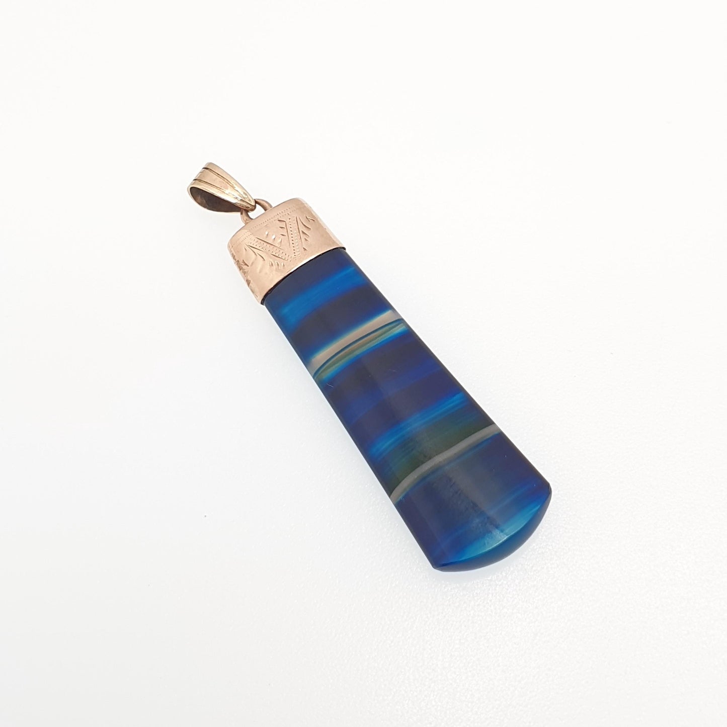 Antique 9ct Gold Blue Agate Necklace Pendant Victorian Rare Gemstone Solid 9k 9kt Striped Banded Women Jewelry Jewellery