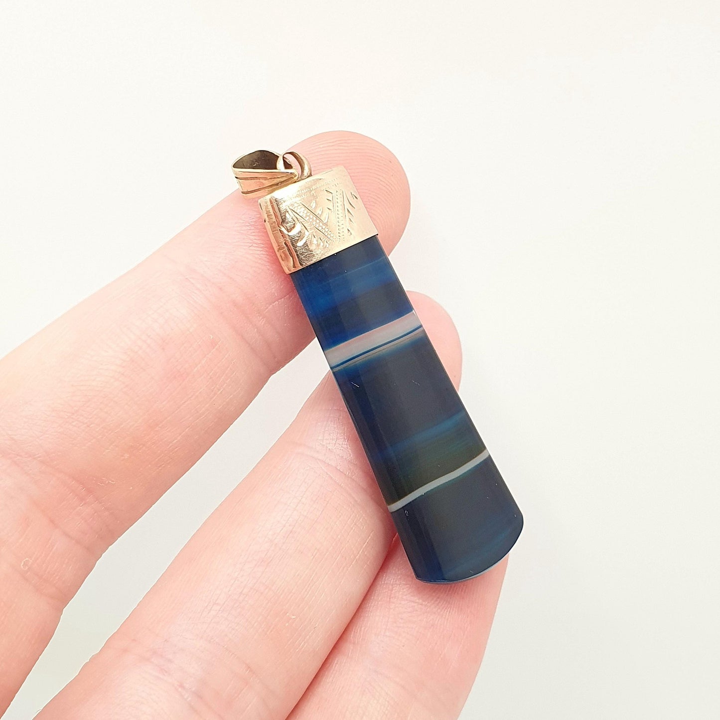 Antique 9ct Gold Blue Agate Necklace Pendant Victorian Rare Gemstone Solid 9k 9kt Striped Banded Women Jewelry Jewellery