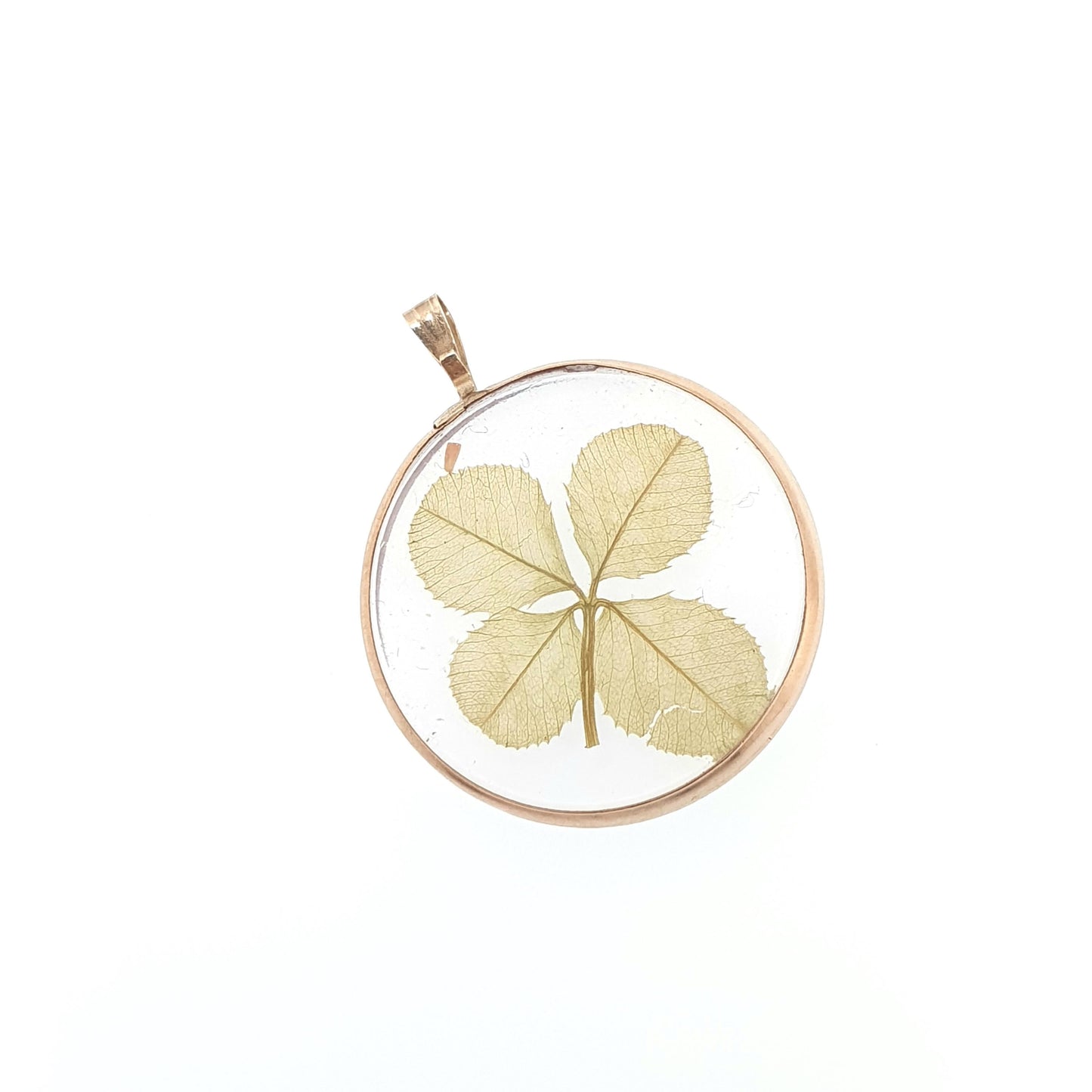 Antique 9ct Gold Four Leaf Clover Pendant Necklace Genuine Dried Leaf Solid 9k 9kt Good Luck Lucky Irish Jewelry Jewellery