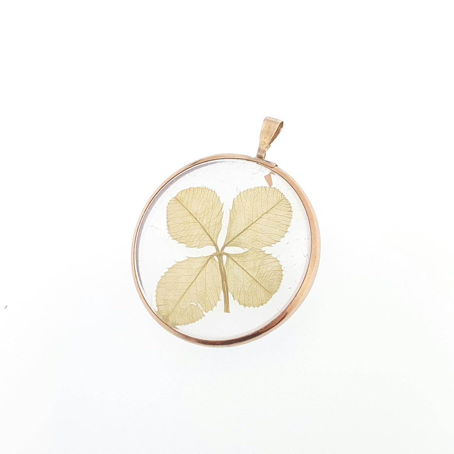 Antique 9ct Gold Four Leaf Clover Pendant Necklace Genuine Dried Leaf Solid 9k 9kt Good Luck Lucky Irish Jewelry Jewellery