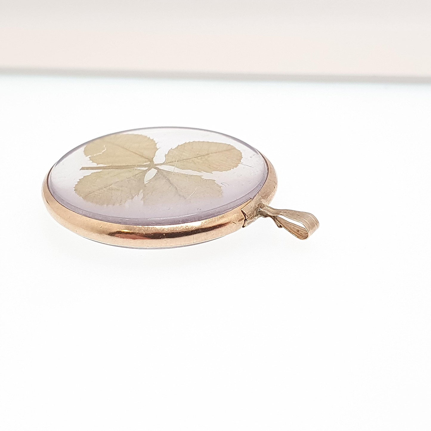 Antique 9ct Gold Four Leaf Clover Pendant Necklace Genuine Dried Leaf Solid 9k 9kt Good Luck Lucky Irish Jewelry Jewellery