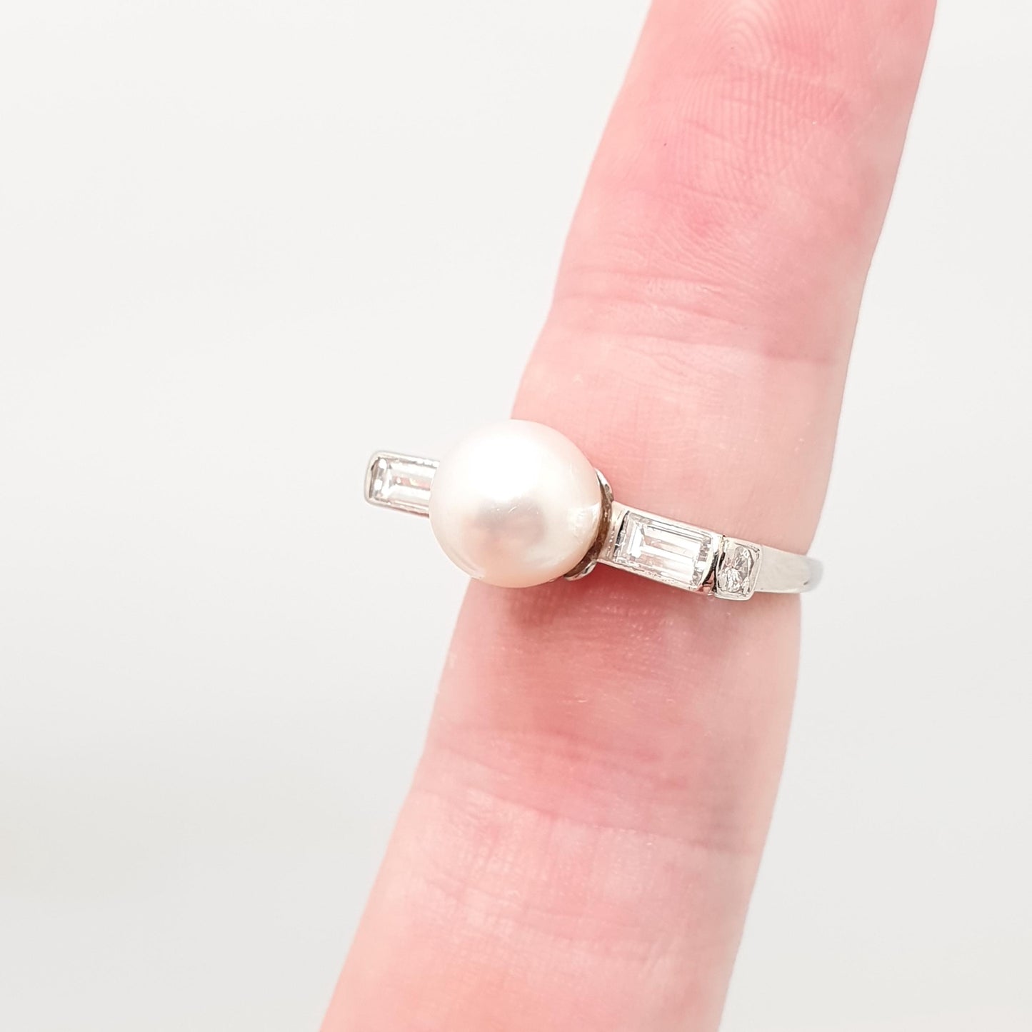 Old Vintage Platinum Diamond & Pearl Ring Baguette Cut Natural Diamonds Art Deco Style T Shape UK N US 6 3/4 Womens Jewellery Jewelry