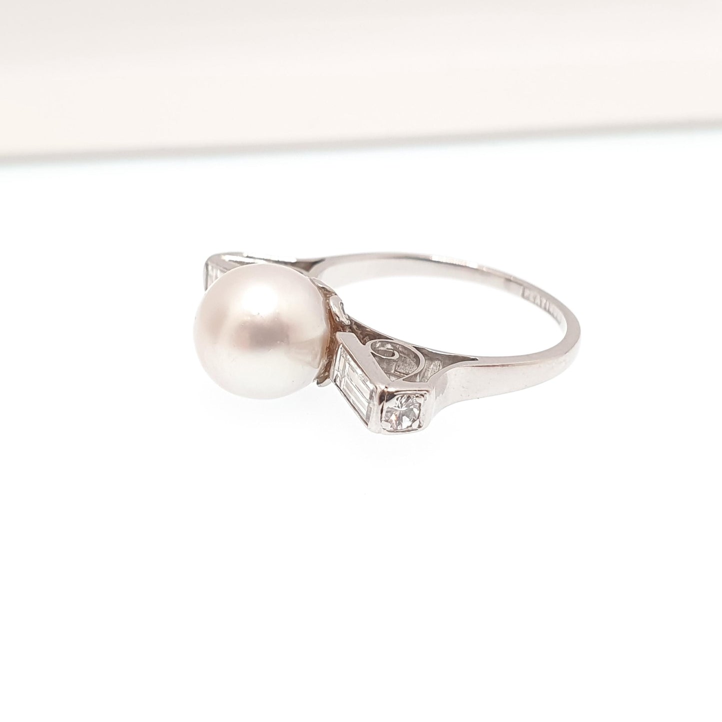 Old Vintage Platinum Diamond & Pearl Ring Baguette Cut Natural Diamonds Art Deco Style T Shape UK N US 6 3/4 Womens Jewellery Jewelry