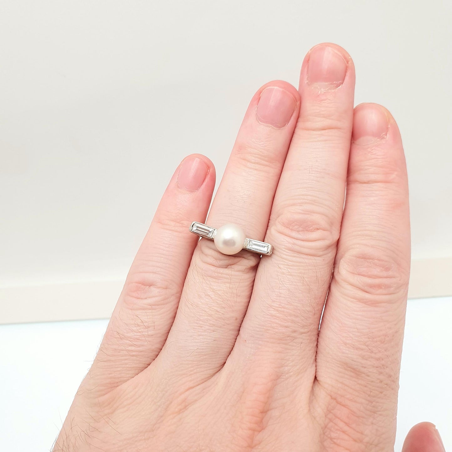 Old Vintage Platinum Diamond & Pearl Ring Baguette Cut Natural Diamonds Art Deco Style T Shape UK N US 6 3/4 Womens Jewellery Jewelry