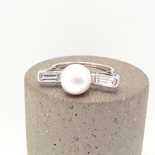Old Vintage Platinum Diamond & Pearl Ring Baguette Cut Natural Diamonds Art Deco Style T Shape UK N US 6 3/4 Womens Jewellery Jewelry