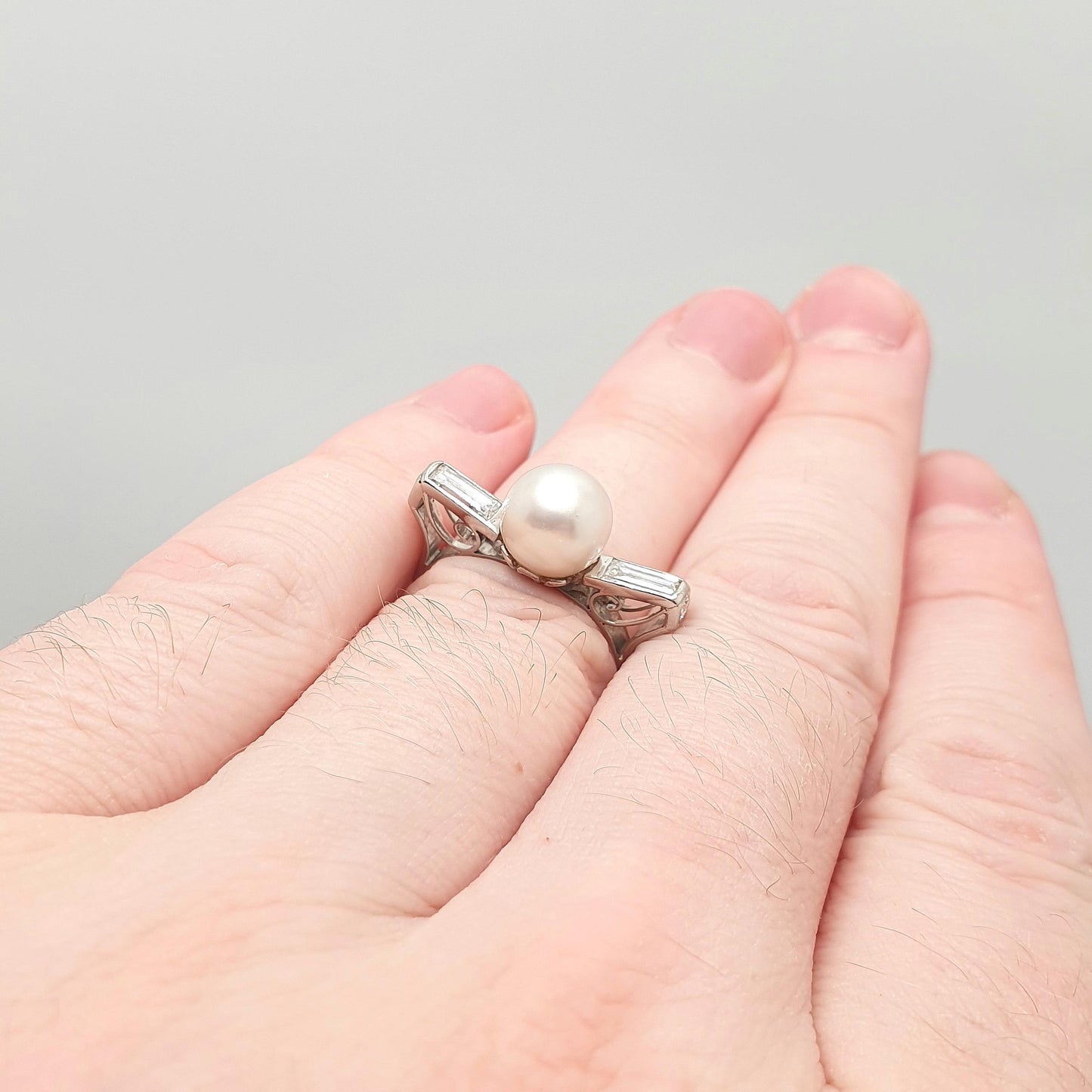 Old Vintage Platinum Diamond & Pearl Ring Baguette Cut Natural Diamonds Art Deco Style T Shape UK N US 6 3/4 Womens Jewellery Jewelry