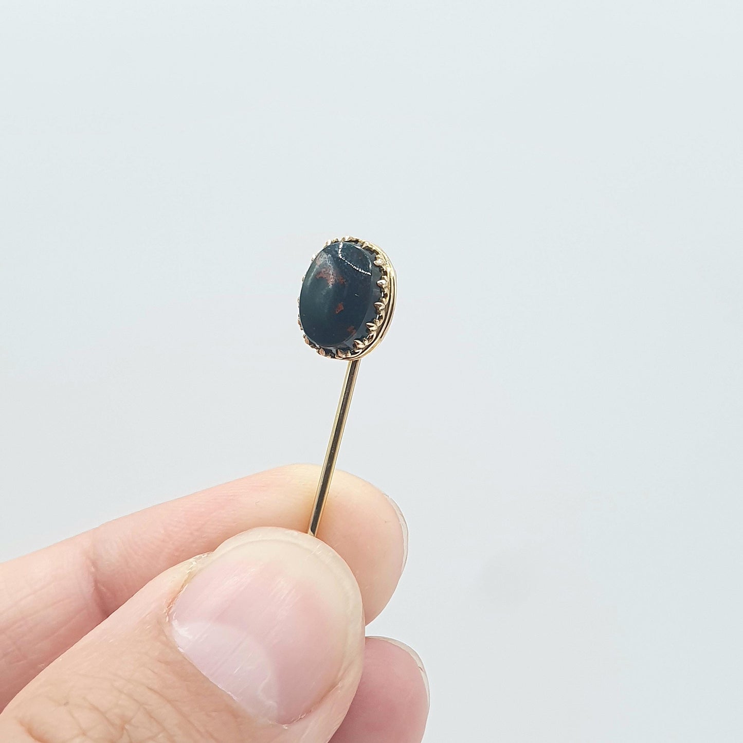 Antique Victorian 9ct Gold Bloodstone Stick Pin Oval Cut Green Red Quartz Gemstone  Solid 9kt 9k Gents Mens Jewelry Vintage Jewellery