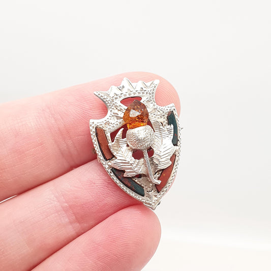 Antique Sterling Silver Scottish Shield Brooch Citrine Paste Thistle Jasper Bloodstone 1914 Hallmark Womens Jewelry Jewellery
