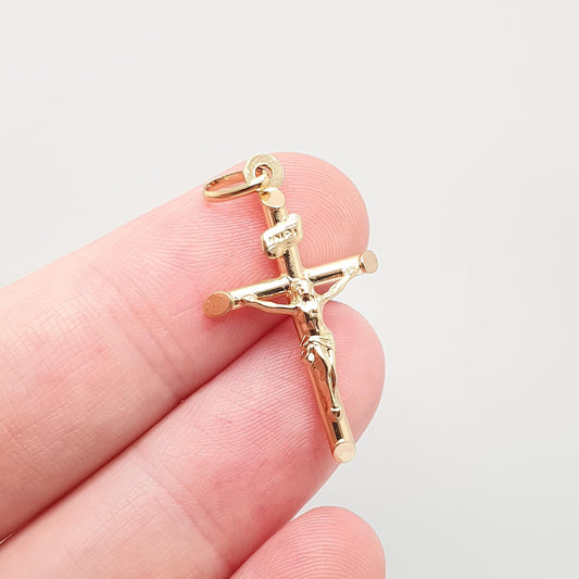 Vintage 9k 9ct Gold Jesus On The Cross Crucifix Necklace Pendant Italy INRI Solid 375 Christian Religious Mens Womens Jewelry Jewellery