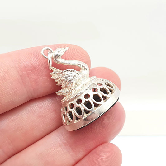 Vintage Sterling Silver Swan Centurion Intaglio Fob Pendant Hematite Necklace Victorian Style Gemstone Large Big Jewelry Jewellery