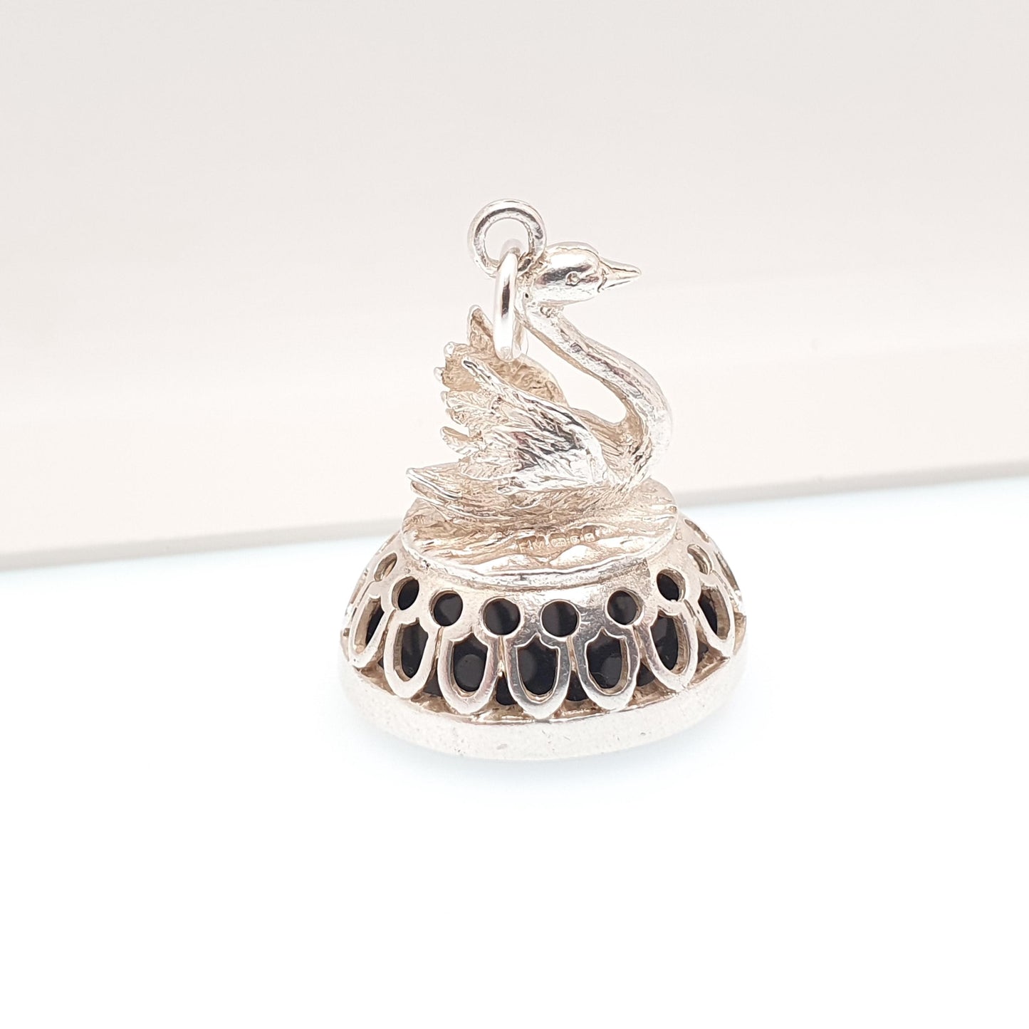 Vintage Sterling Silver Swan Centurion Intaglio Fob Pendant Hematite Necklace Victorian Style Gemstone Large Big Jewelry Jewellery