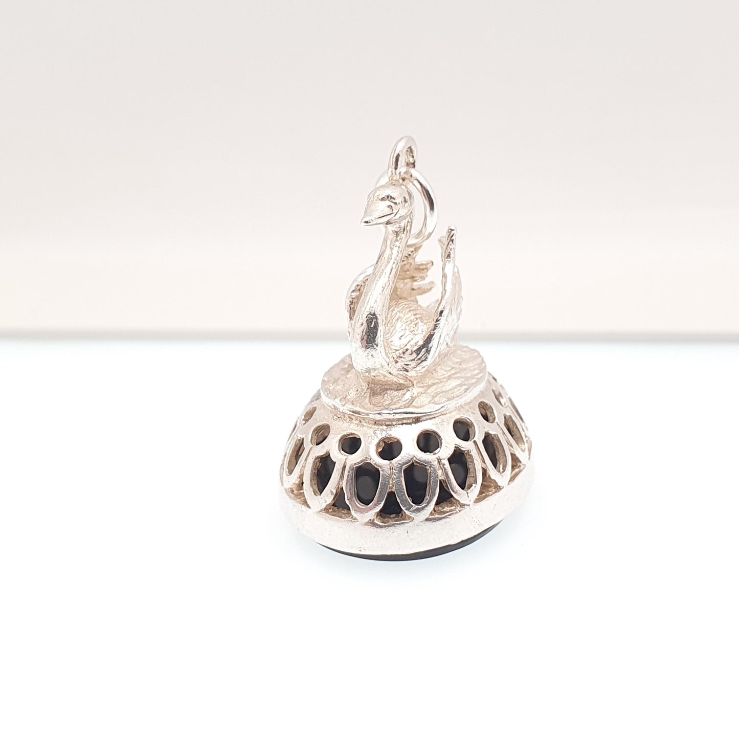 Vintage Sterling Silver Swan Centurion Intaglio Fob Pendant Hematite Necklace Victorian Style Gemstone Large Big Jewelry Jewellery