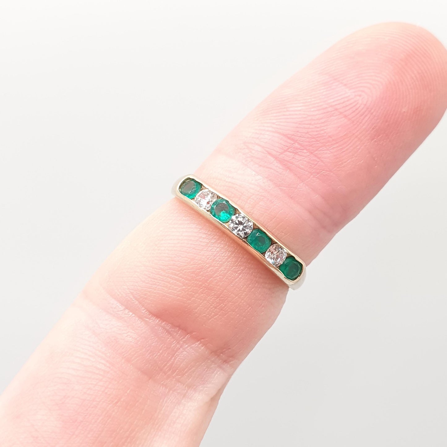 Vintage 9k Gold Emerald Ring Band Stacker Solid 9ct 9k CZ Alternating Brilliant Cut Half Eternity Hallmarked Stacking Sparkly