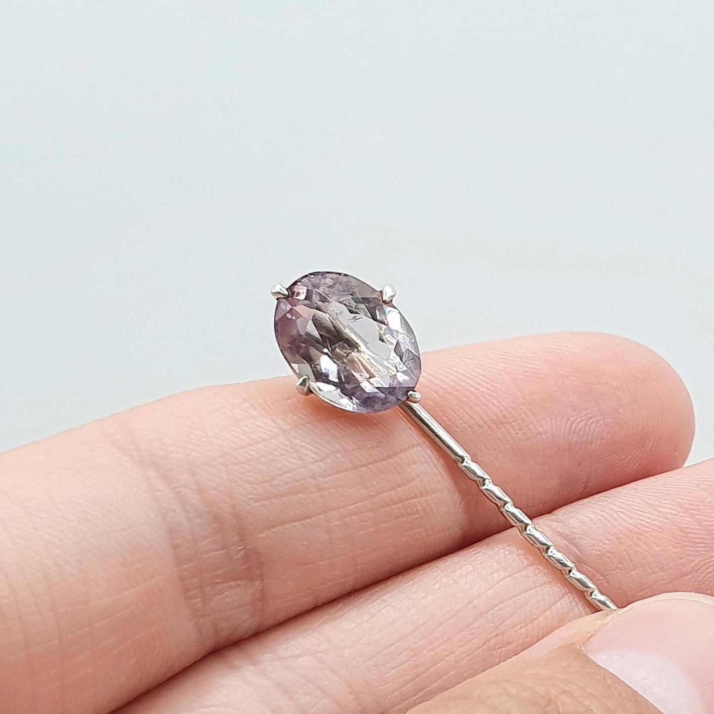 Antique Solid Silver Natural Amethyst Stick Pin Oval Cut Quartz Purple Gemstone Lapel Vintage Jacket Coat Mens Gents Jewelry Jewellery