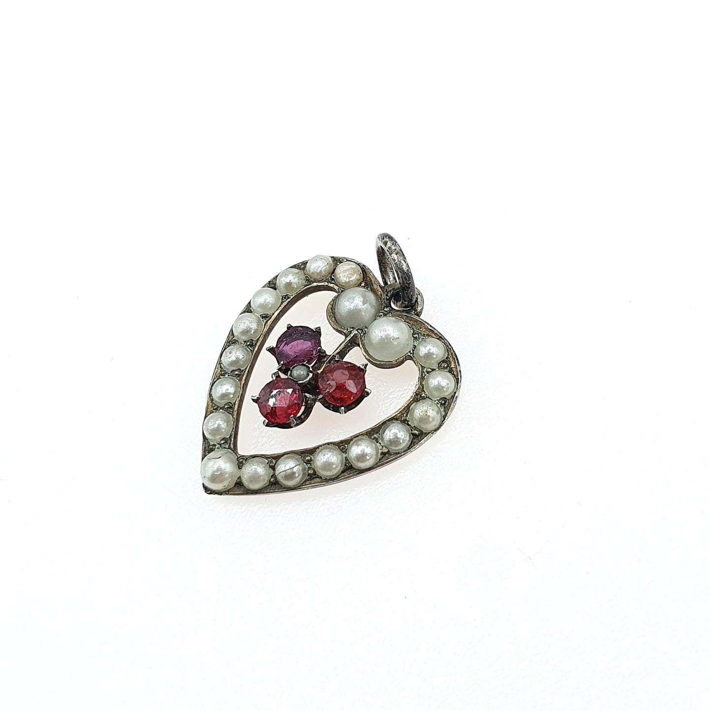 Antique Victorian Solid Silver Garnet Paste Heart Pendant Faux Seed Pearl Love Puffer Vintage Jewellery Womens Jewelry
