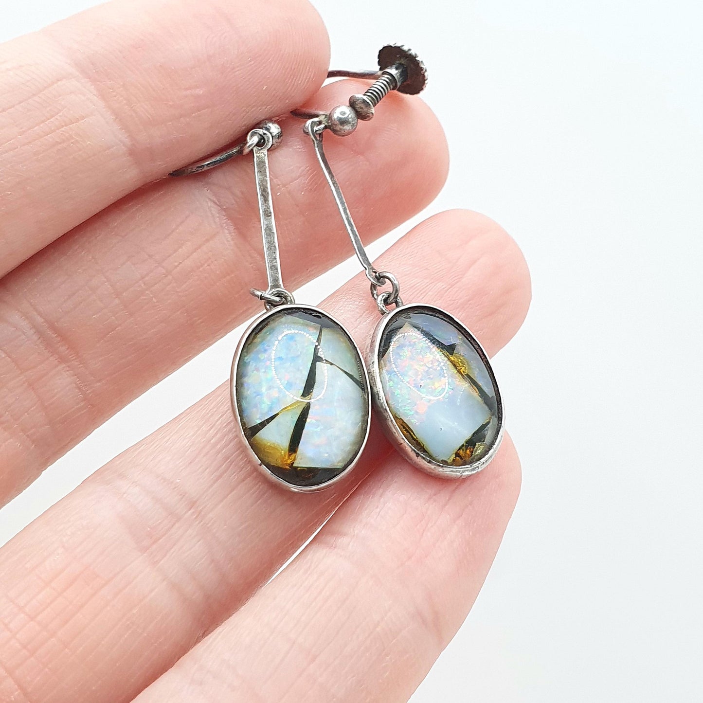 Antique Art Deco Sterling Silver Opal Mosaic Earrings Hanging White Gemstone Tiles Screw Back Vintage Jewelry Jewellery Womens