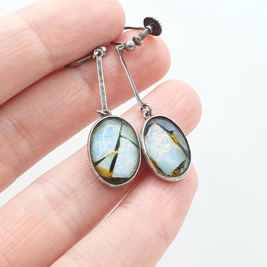 Antique Art Deco Sterling Silver Opal Mosaic Earrings Hanging White Gemstone Tiles Screw Back Vintage Jewelry Jewellery Womens