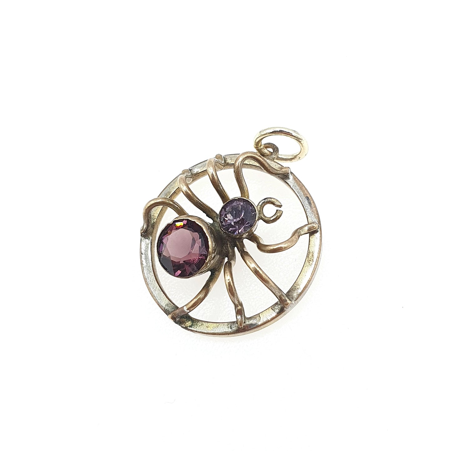 Antique Victorian Spider Pendant Amethyst Paste Gold Tone Base Metal Bug Insect Arachnid Vintage Jewelry Jewellery Womens Necklace