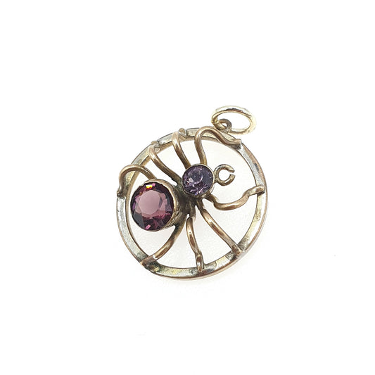 Antique Victorian Spider Pendant Amethyst Paste Gold Tone Base Metal Bug Insect Arachnid Vintage Jewelry Jewellery Womens Necklace