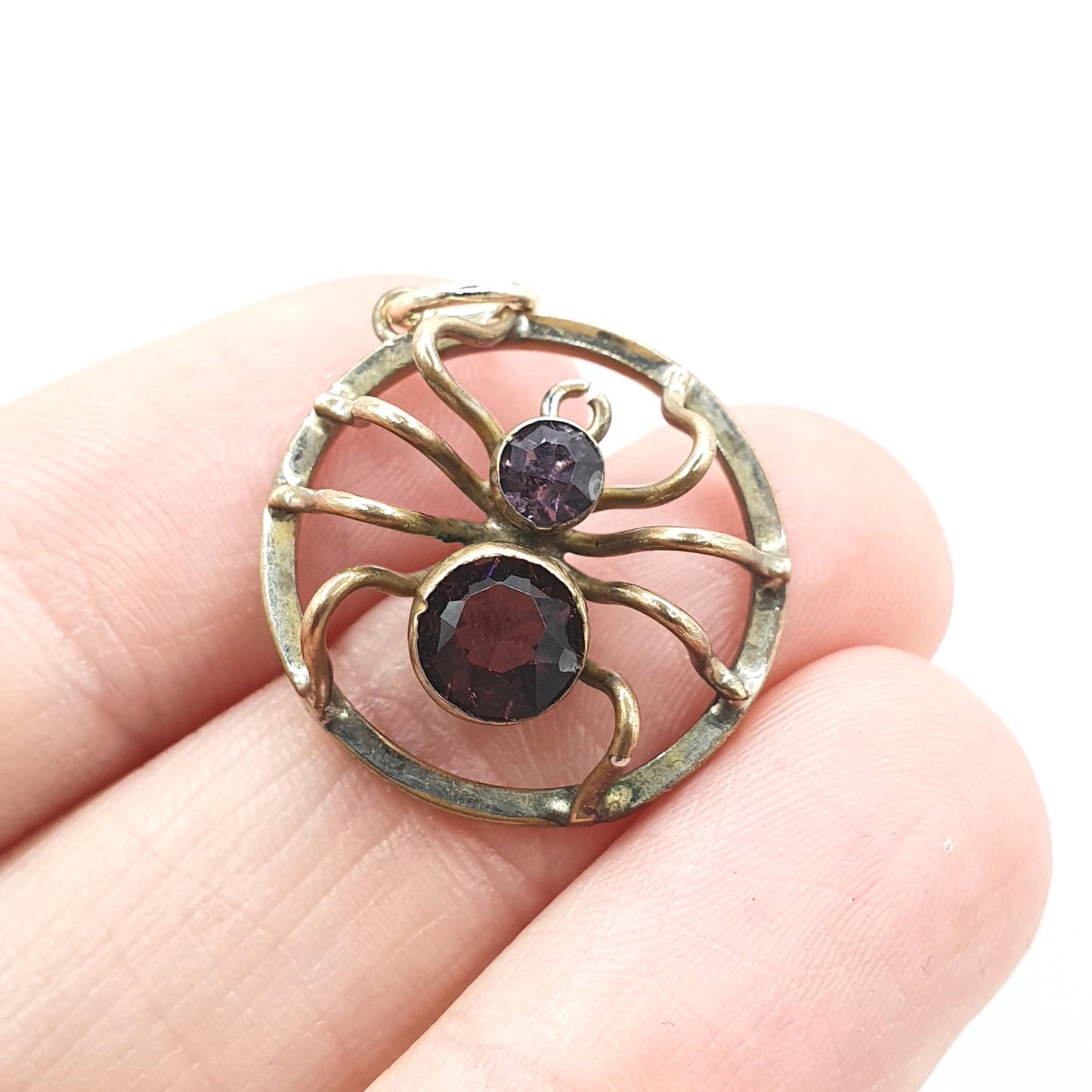 Antique Victorian Spider Pendant Amethyst Paste Gold Tone Base Metal Bug Insect Arachnid Vintage Jewelry Jewellery Womens Necklace