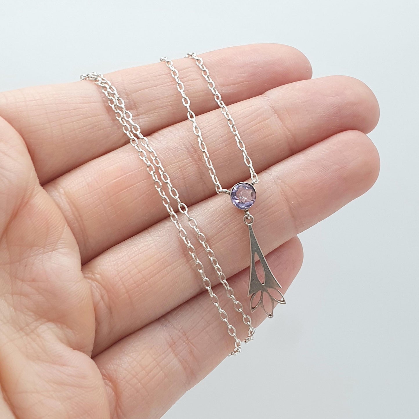 Antique Solid Silver Amethyst Fan Pendant Necklace Y Shape Drop Genuine Purple Gemstone 46cm 2.46g Womens Jewelry Jewellery