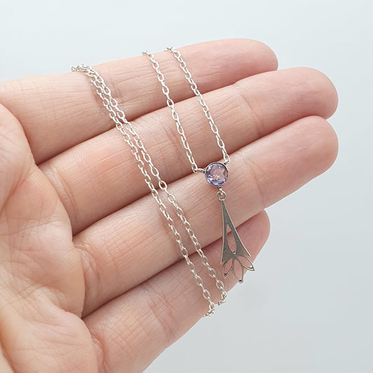 Antique Solid Silver Amethyst Fan Pendant Necklace Y Shape Drop Genuine Purple Gemstone 46cm 2.46g Womens Jewelry Jewellery