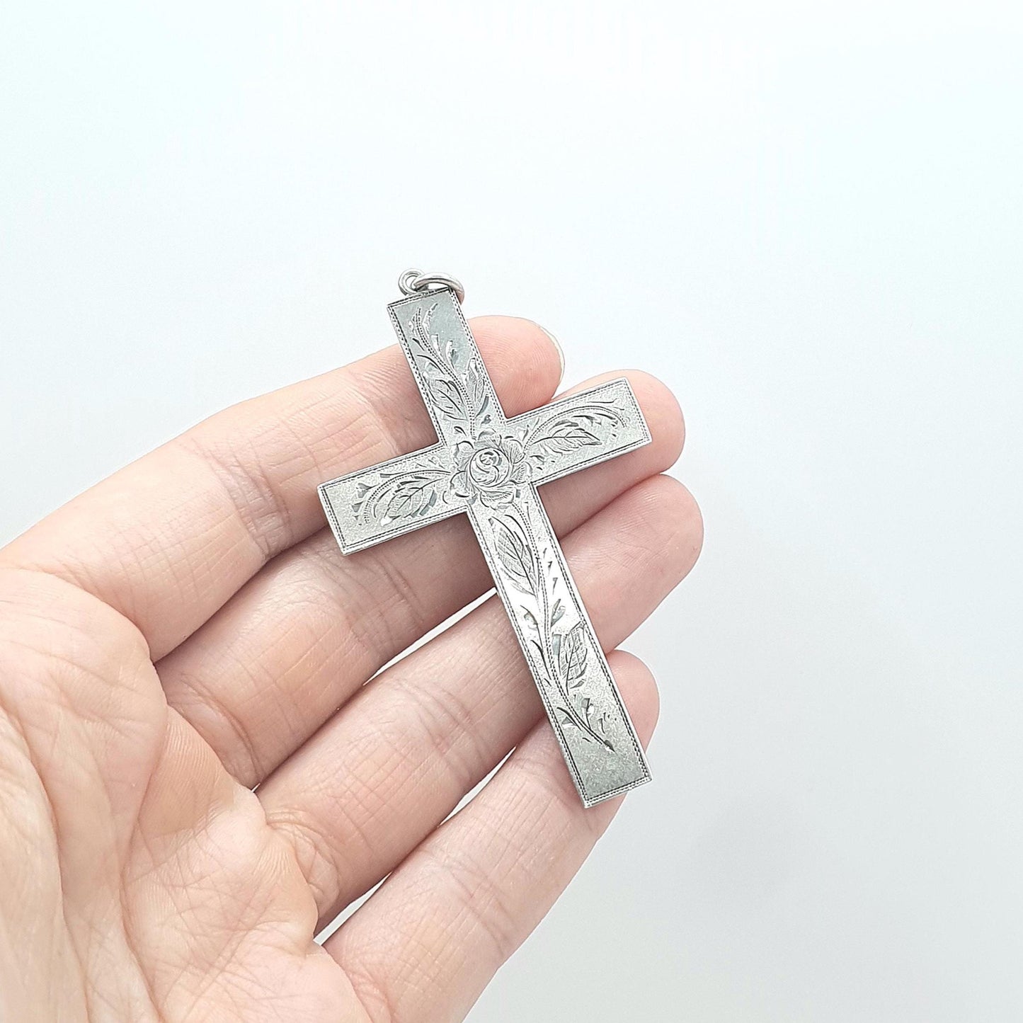 Antique Victorian Solid Silver Large Crucifix Pendant Necklace Big Cross Rose Engraved Catholic Christian Jewelry Vintage Womens