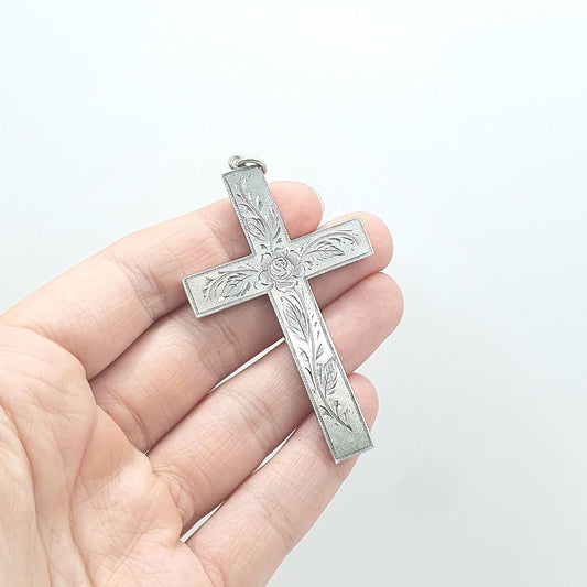 Antique Victorian Solid Silver Large Crucifix Pendant Necklace Big Cross Rose Engraved Catholic Christian Jewelry Vintage Womens