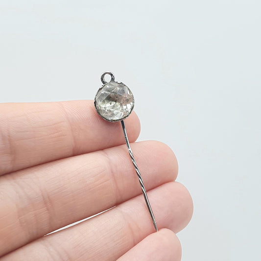 Antique Georgian Solid Silver Rock Crystal Quartz Stick Pin Foiled Genuine White Gemstone Womens Jewelry Jewellery Vintage