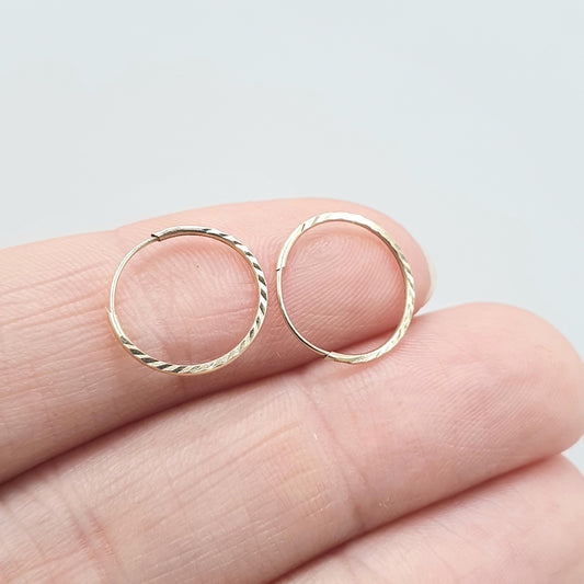 Vintage 9ct Gold Tiny Sleeper Earrings Small Hoop Faceted Edge Round Circle Solid 9k 9kt Retro Womens Jewelry Jewellery Mens Unisex
