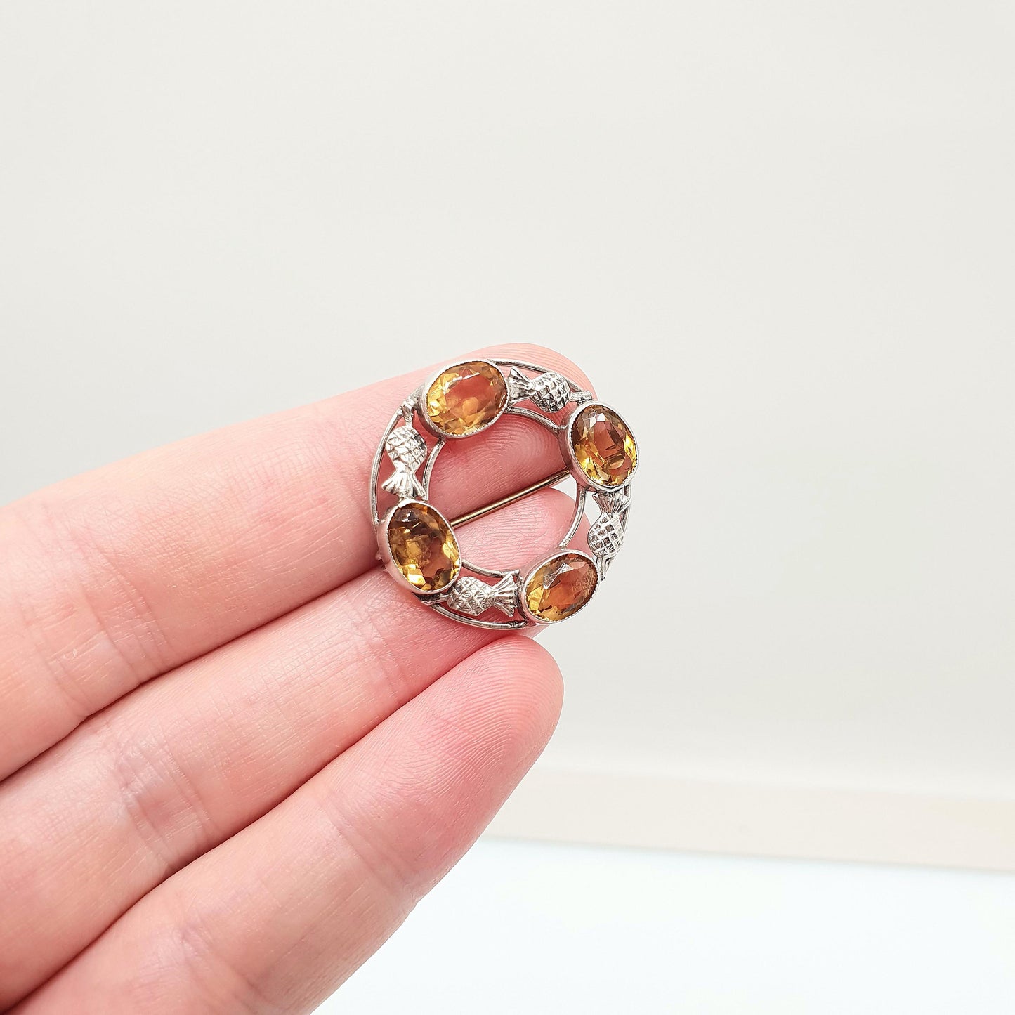 Antique Victorian Sterling Silver Natural Citrine Thistle Brooch Pin Scottish Flower of Scotland Celtic Vintage Jewelry Jewellery